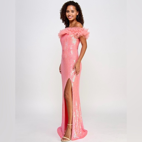 PEAR CULTURE JUNIORS TULLE-TRIM OFF-THE-SH NEON CORAL - Picture 2 of 2